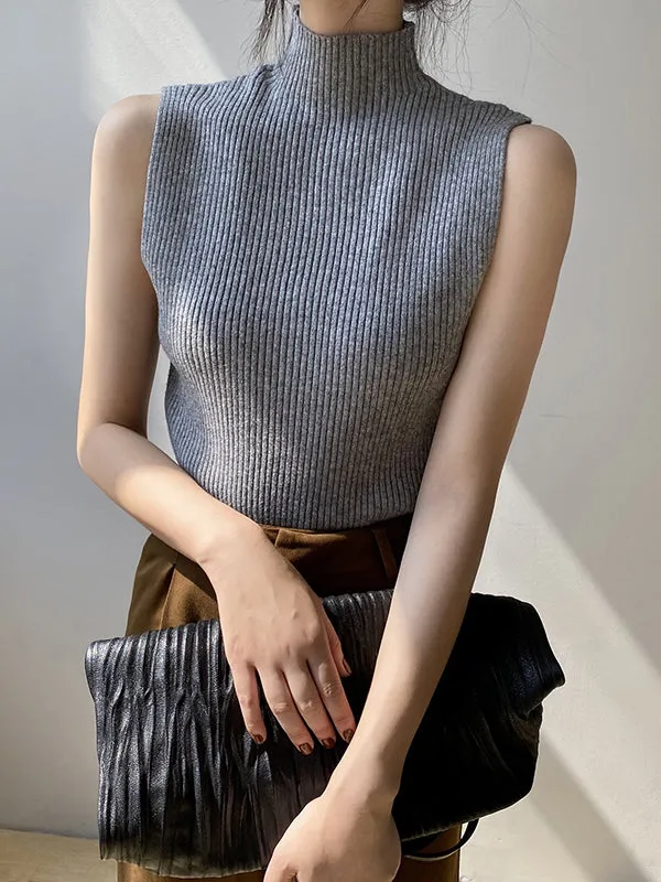 Skinny Sleeveless Solid Color High-Neck Knitwear Vest Top