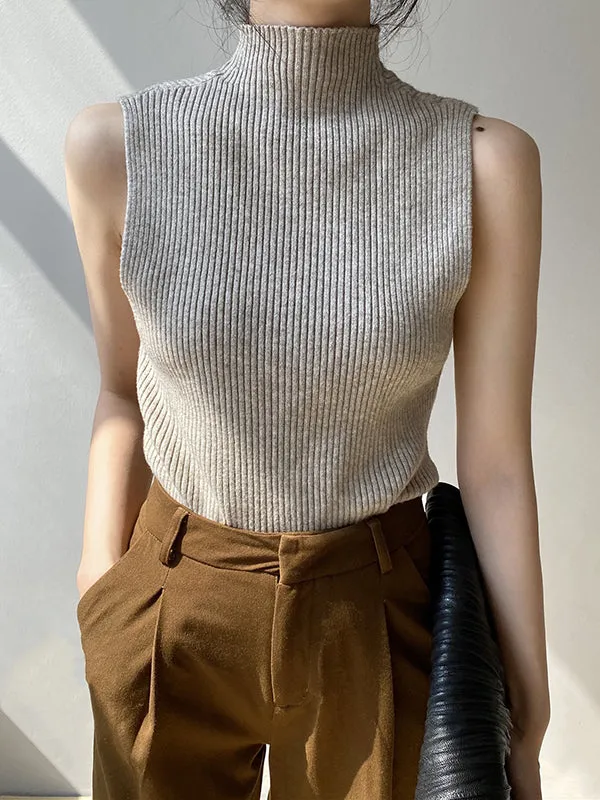 Skinny Sleeveless Solid Color High-Neck Knitwear Vest Top