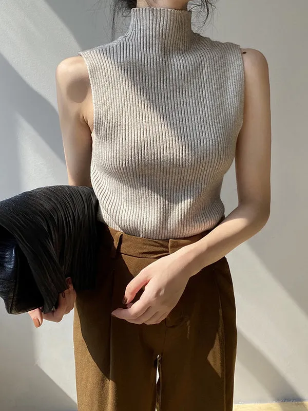 Skinny Sleeveless Solid Color High-Neck Knitwear Vest Top