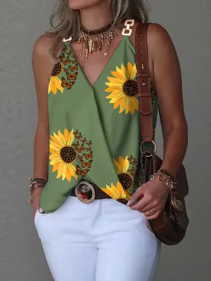 Sleeveless Flower Print Split-Joint V-Neck Vest Top