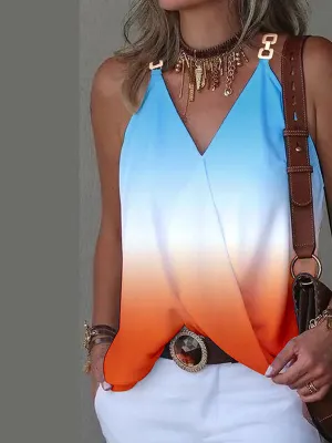 Sleeveless Gradient Split-Joint V-Neck Vest Top