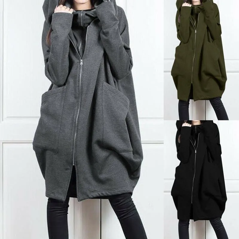 Solid color hooded pocket sweater zipper mid-length fake two loose coats