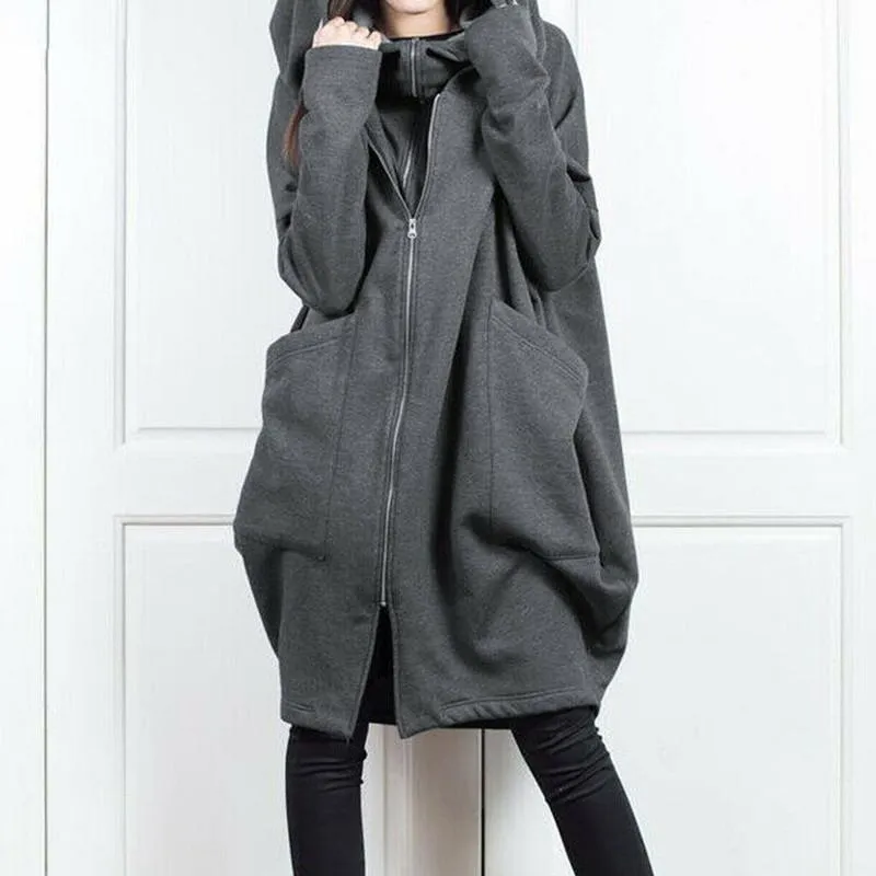 Solid color hooded pocket sweater zipper mid-length fake two loose coats