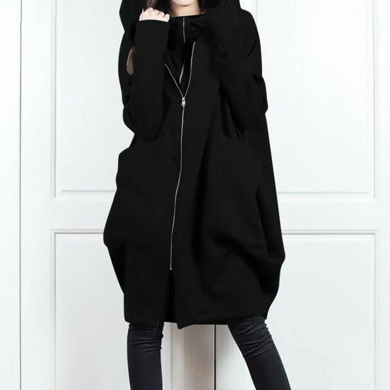 Solid color hooded pocket sweater zipper mid-length fake two loose coats