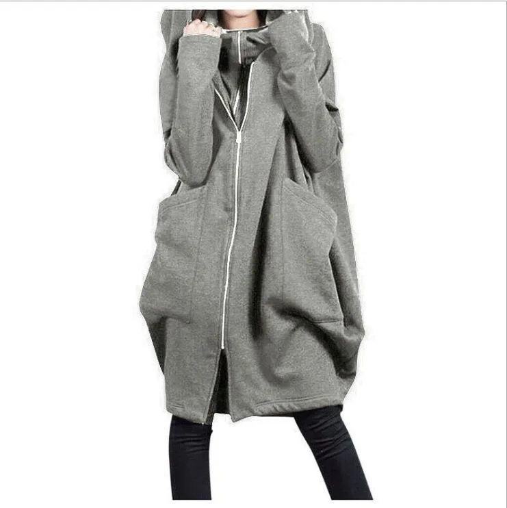 Solid color hooded pocket sweater zipper mid-length fake two loose coats