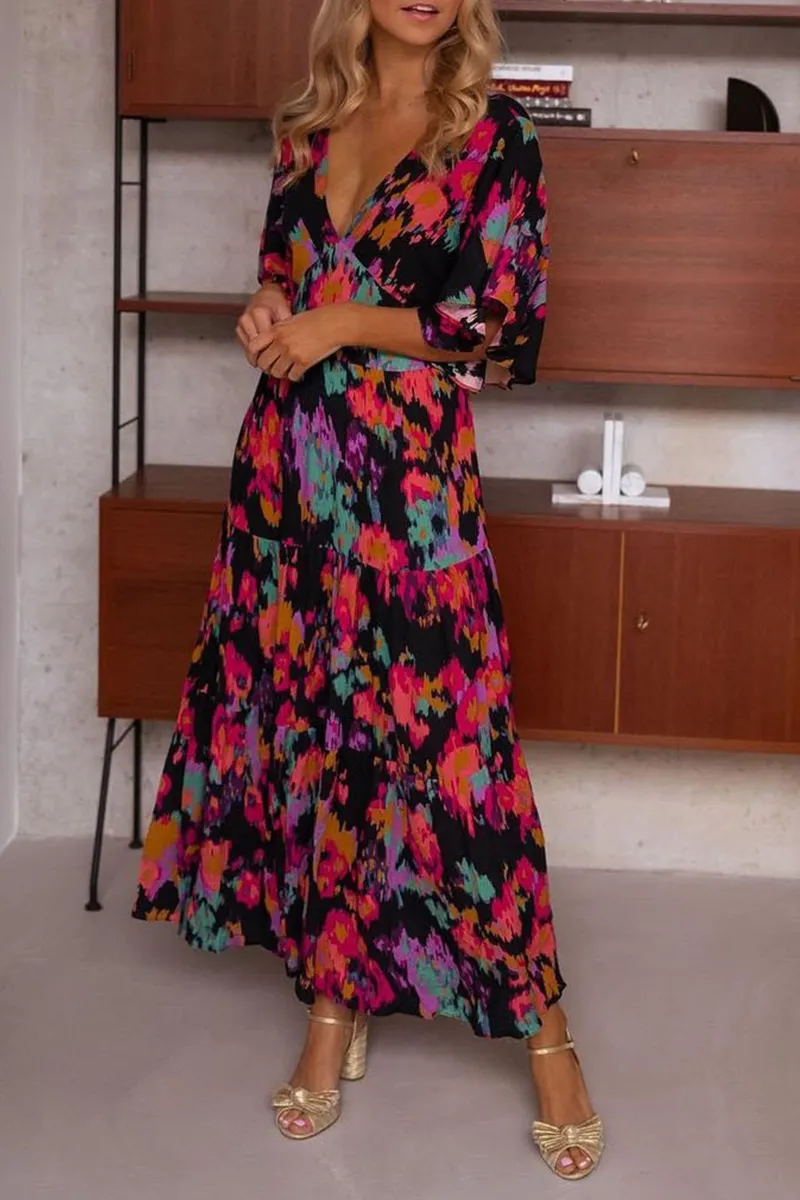 V Neck Floral Bat Maxi Dress