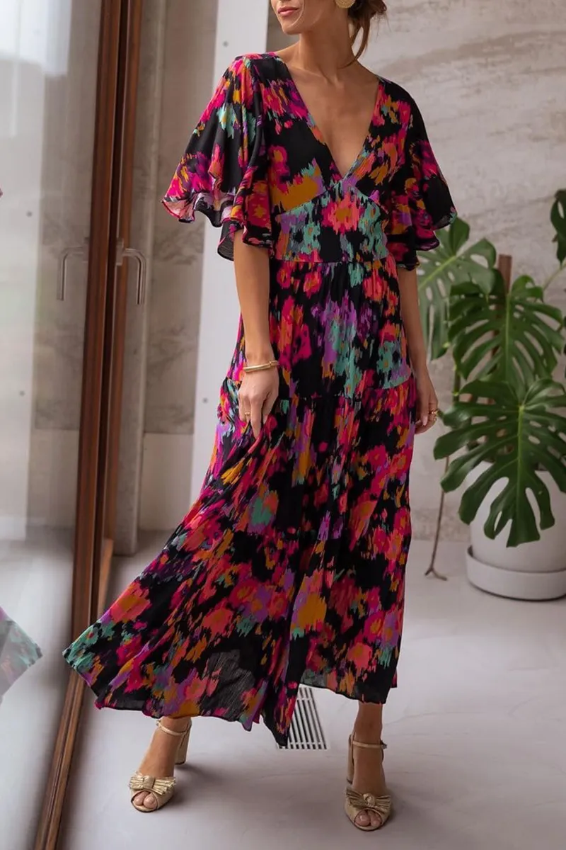 V Neck Floral Bat Maxi Dress