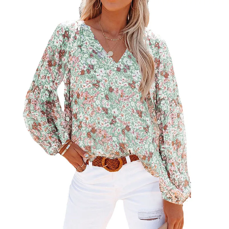 V-neck lantern sleeve floral chiffon shirt