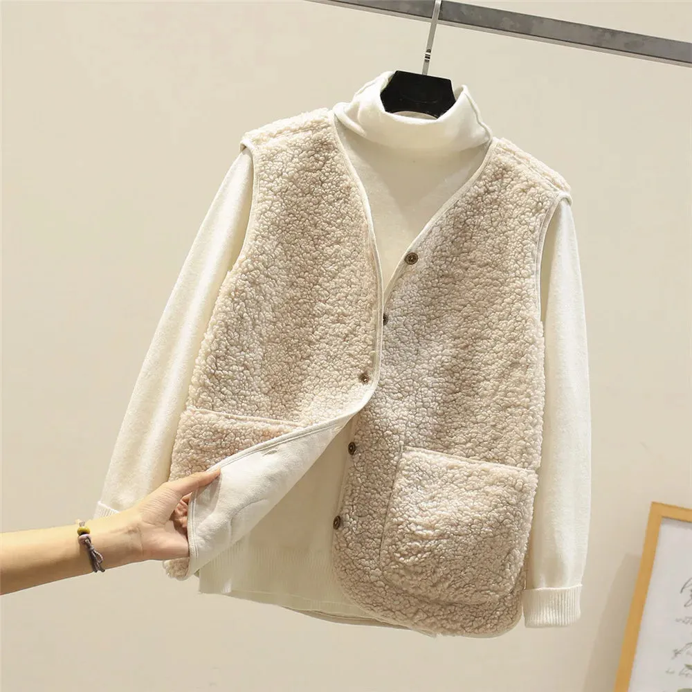 Vests New Spring Autumn Women Button Waistcoat Lamb Wool Winter