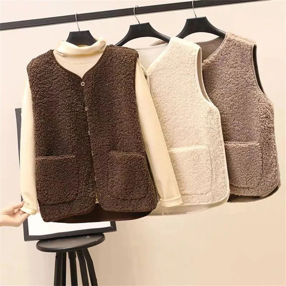 Vests New Spring Autumn Women Button Waistcoat Lamb Wool Winter