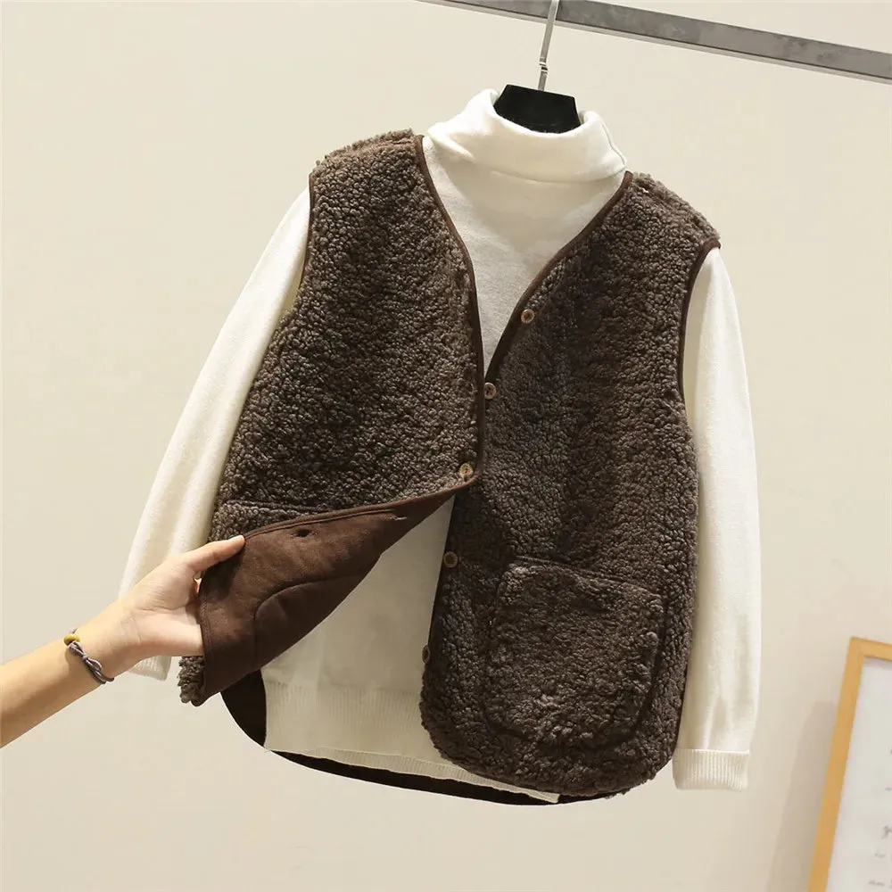 Vests New Spring Autumn Women Button Waistcoat Lamb Wool Winter