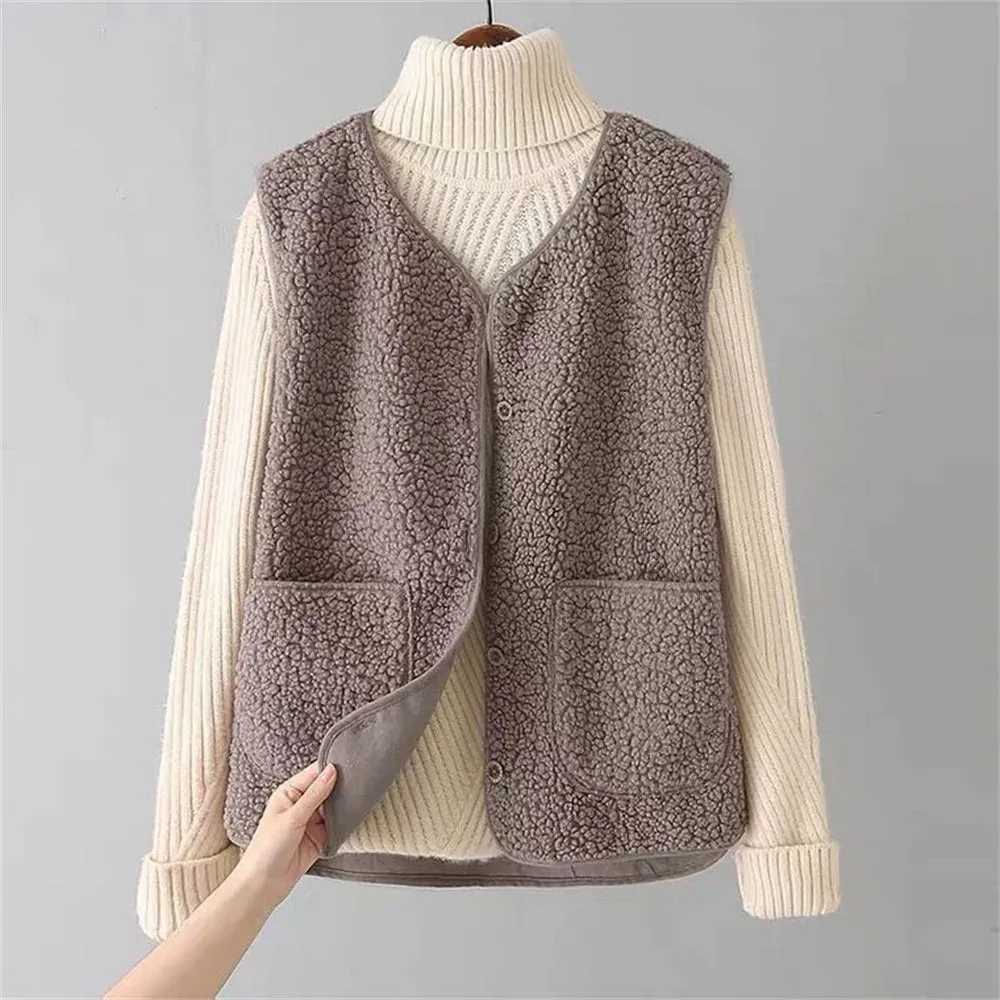 Vests New Spring Autumn Women Button Waistcoat Lamb Wool Winter