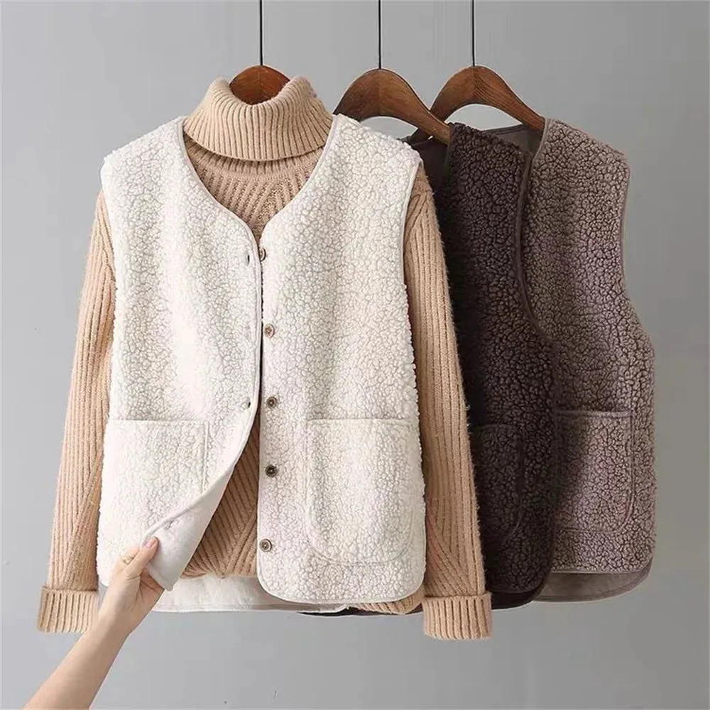 Vests New Spring Autumn Women Button Waistcoat Lamb Wool Winter