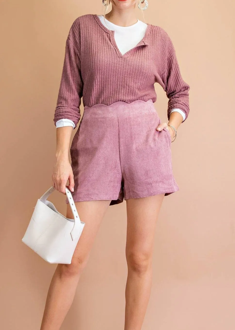 Vintage & Retro Inspired Hi-Rise Scalloped Shorts in Mauve~FINAL SALE