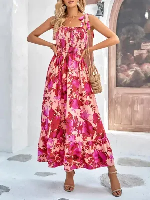 Women’s Casual Printed Waist Sleeveless Strappy Long Dress