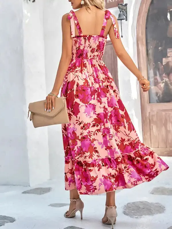 Women’s Casual Printed Waist Sleeveless Strappy Long Dress