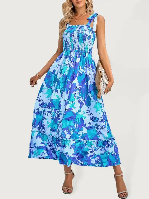 Women’s Casual Printed Waist Sleeveless Strappy Long Dress