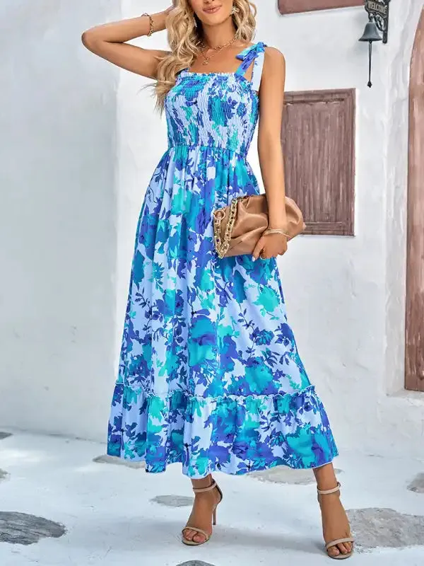 Women’s Casual Printed Waist Sleeveless Strappy Long Dress