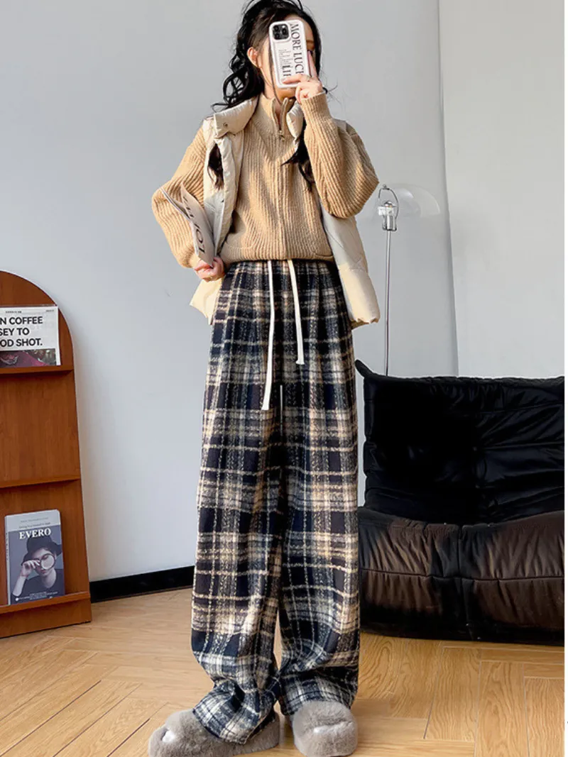 Women's Casual Stylish Plaid Wide-Leg Pants Bottom