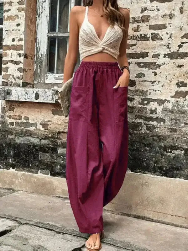 Women’s Pants Solid Color Pocket Women’s Casual Pants Elastic Pants Trousers