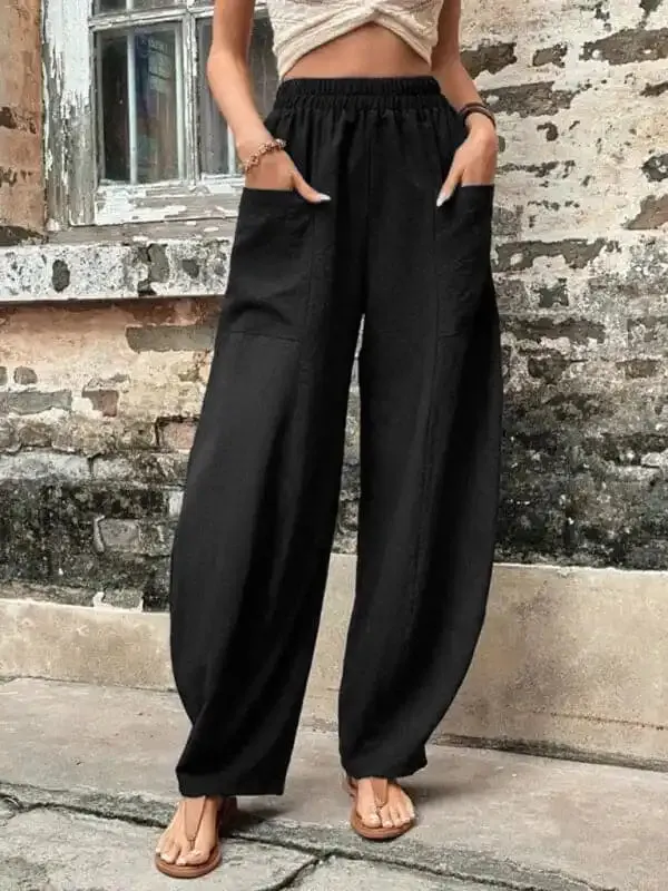 Women’s Pants Solid Color Pocket Women’s Casual Pants Elastic Pants Trousers