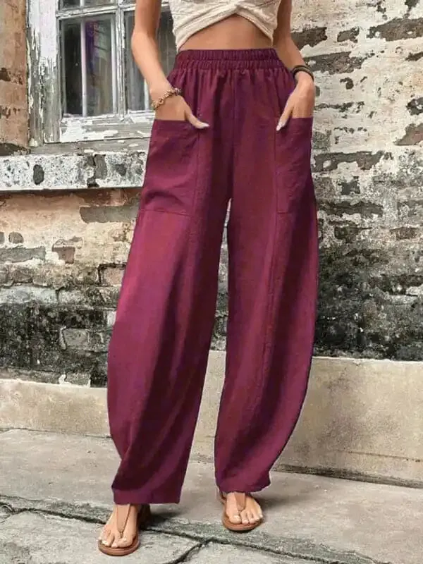 Women’s Pants Solid Color Pocket Women’s Casual Pants Elastic Pants Trousers