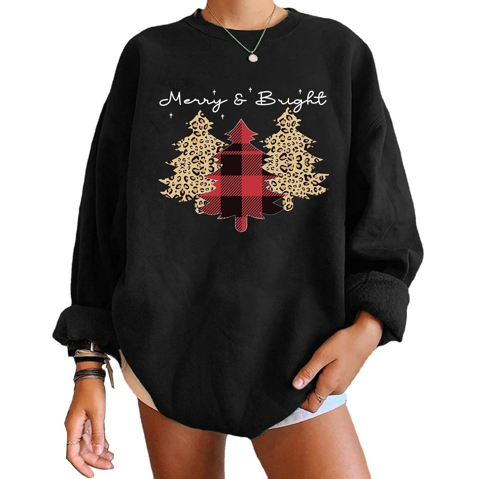 Women's round neck Christmas print long-sleeved sweater