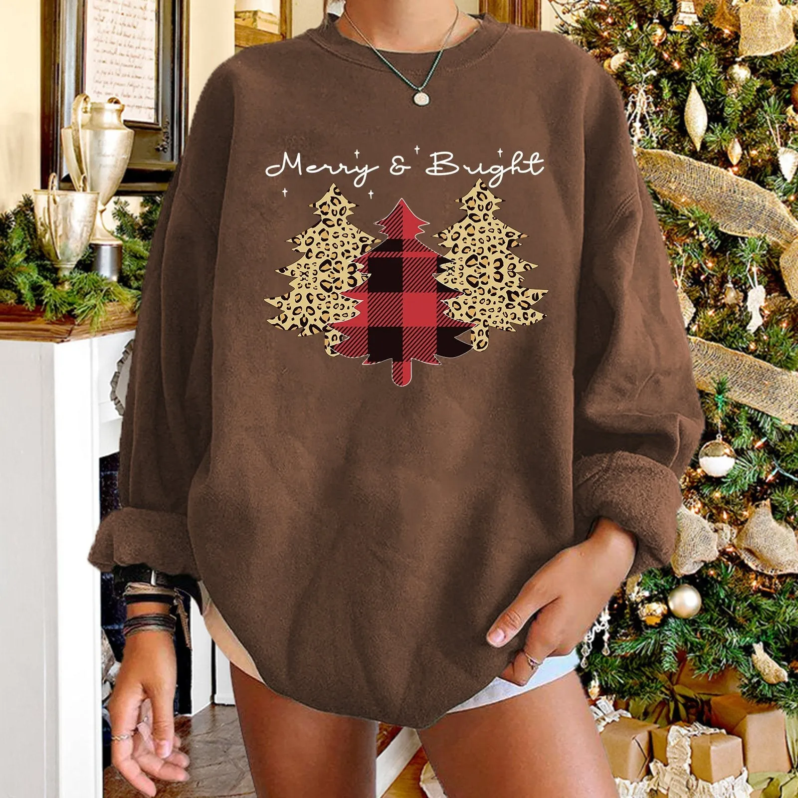 Women's round neck Christmas print long-sleeved sweater