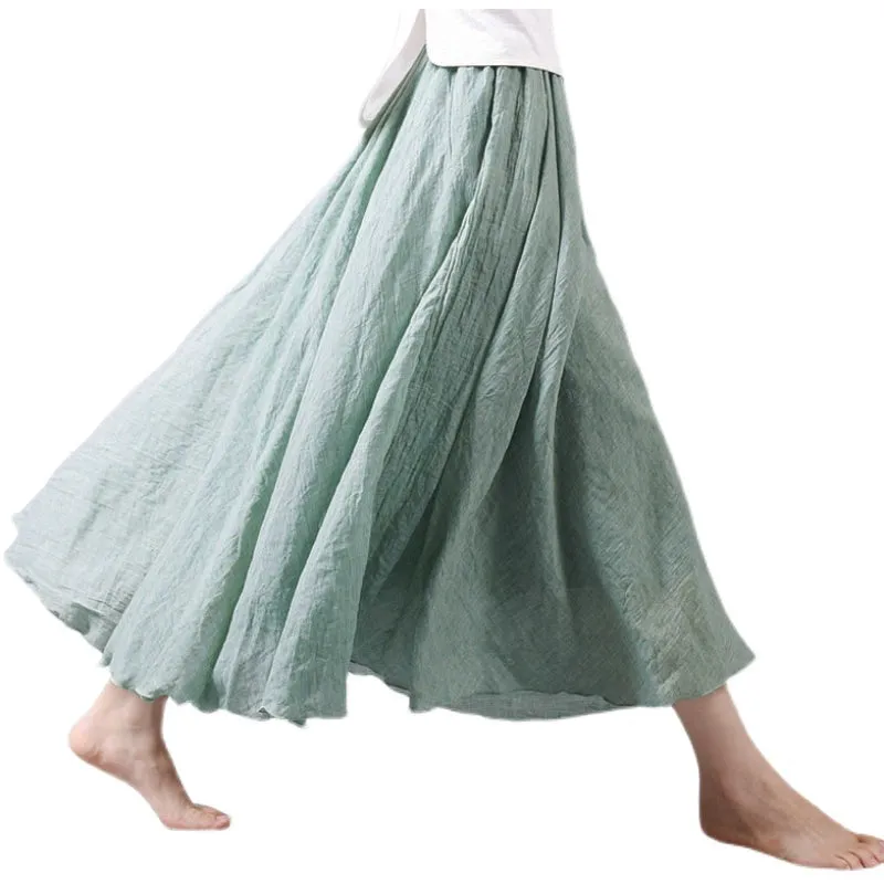 Women's Summer New Arrival Cotton and Linen A-line Skirt - Asymmetrical High Waist, Big Swing, Zen New Chinese Han Style